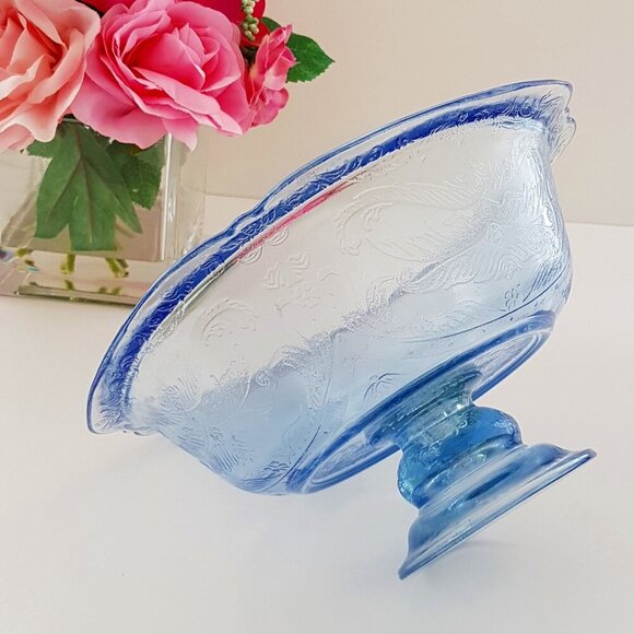Vintage Indiana Glass Recollections Madrid Blue Pedestal Fruit Bowl - Picture 3 of 9